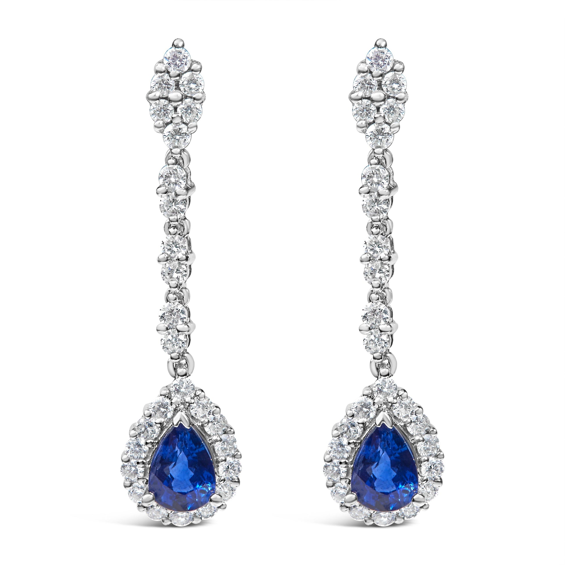 18K White Gold 1 3/5 Cttw Diamond and 7X5 MM Pear Shaped Blue Sapphire 1 1/3 Inch Drop and Dangle Halo Earrings (G-H Color, VS1-VS2 Clarity) Bids.com