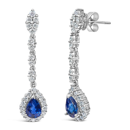 18K White Gold 1 3/5 Cttw Diamond and 7X5 MM Pear Shaped Blue Sapphire 1 1/3 Inch Drop and Dangle Halo Earrings (G-H Color, VS1-VS2 Clarity) Bids.com
