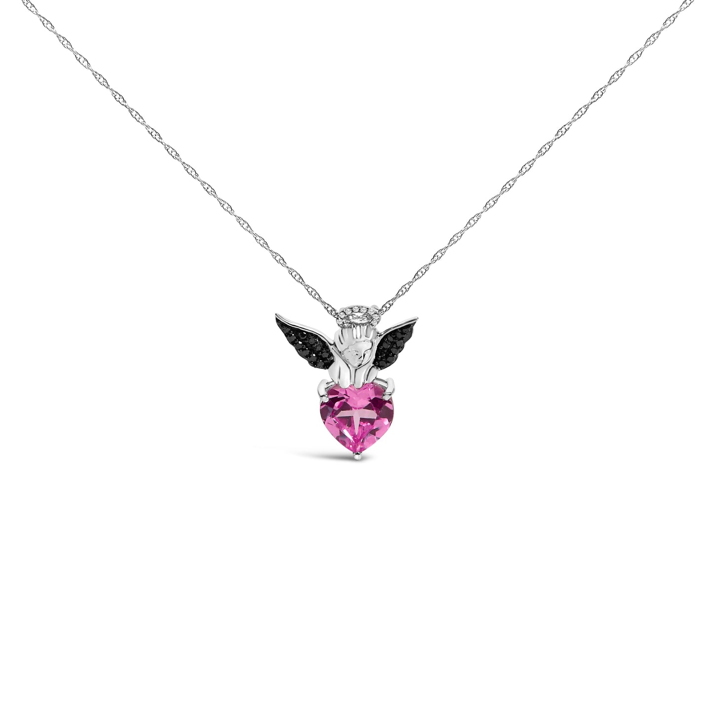 Sterling Silver Diamond Accent & Created Pink Sapphire Angel Heart Pendant Necklace Bids.com