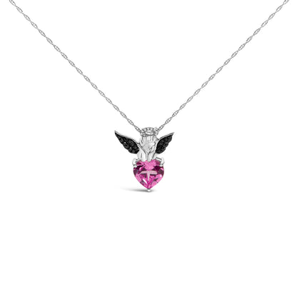 Sterling Silver Diamond Accent & Created Pink Sapphire Angel Heart Pendant Necklace Bids.com