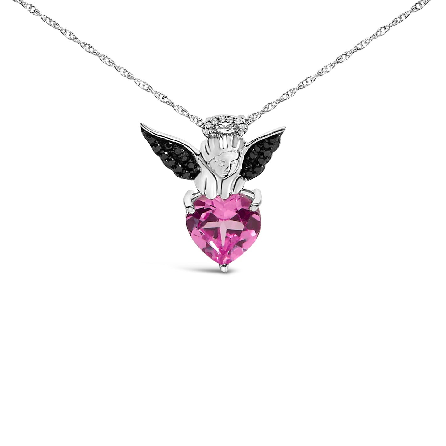 Sterling Silver Diamond Accent & Created Pink Sapphire Angel Heart Pendant Necklace Bids.com