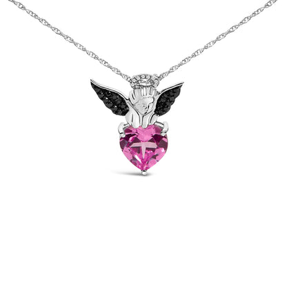 Sterling Silver Diamond Accent & Created Pink Sapphire Angel Heart Pendant Necklace Bids.com