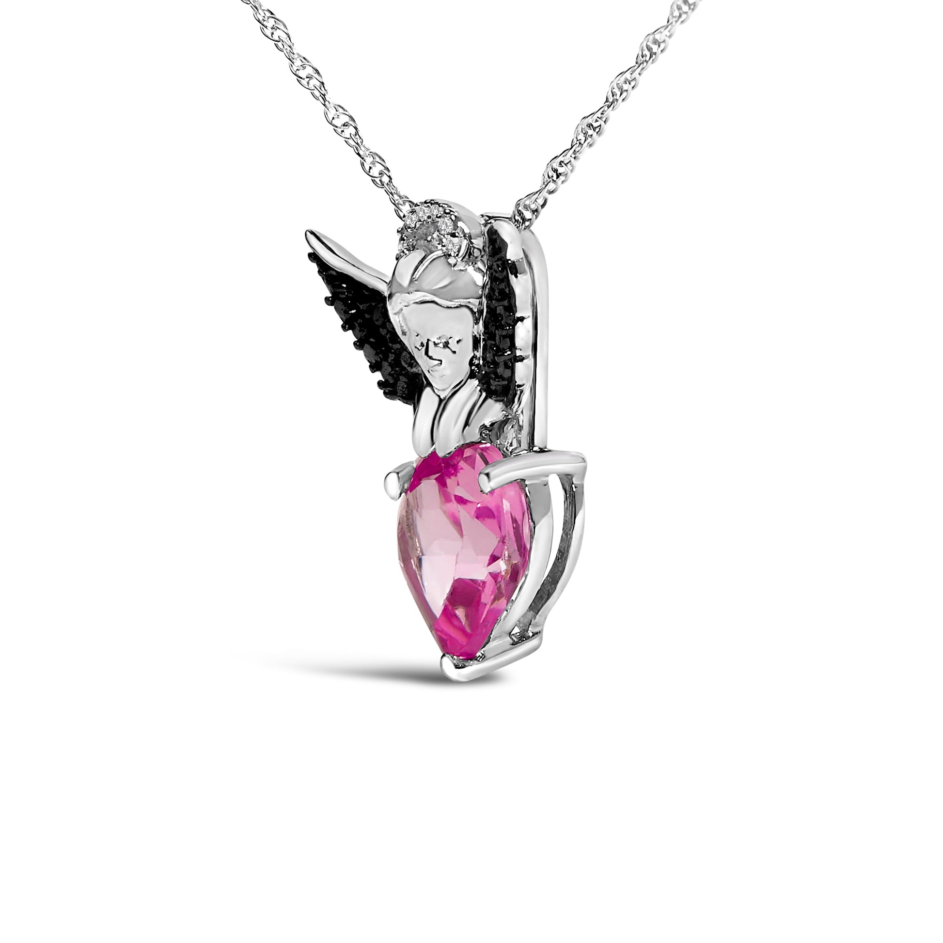 Sterling Silver Diamond Accent & Created Pink Sapphire Angel Heart Pendant Necklace Bids.com