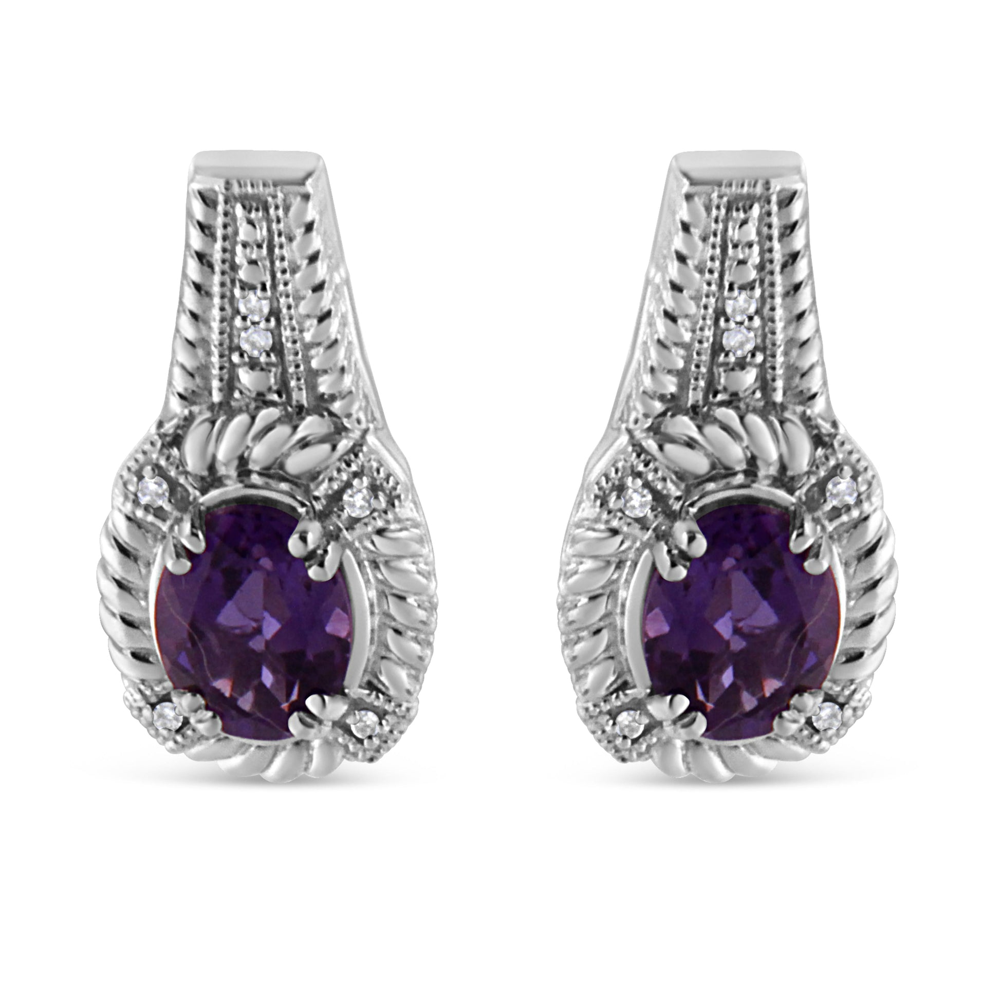 .925 Sterling Silver 8x6 MM Natural Oval Purple Amethyst Gemstone and Diamond Accent Art Deco Style Drop and Dangle Earrings (I-J Color, I1-I2 Clarity) Bids.com