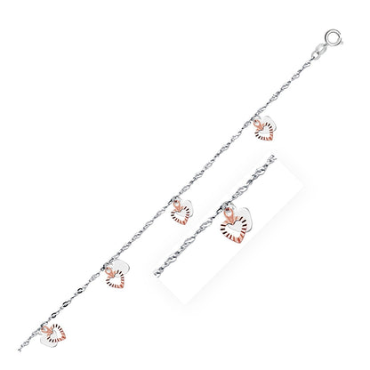 14k White and Rose Gold Anklet with Dual Heart Charms Bids.com
