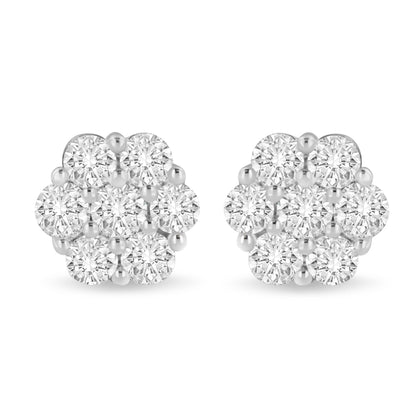 14K White Gold 3 cttw Prong Set Round-Cut Diamond Floral Cluster Stud Earring (I-J Color, SI1-SI2 Clarity) Bids.com