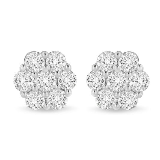 14K White Gold 3 cttw Prong Set Round-Cut Diamond Floral Cluster Stud Earring (I-J Color, SI1-SI2 Clarity) Bids.com