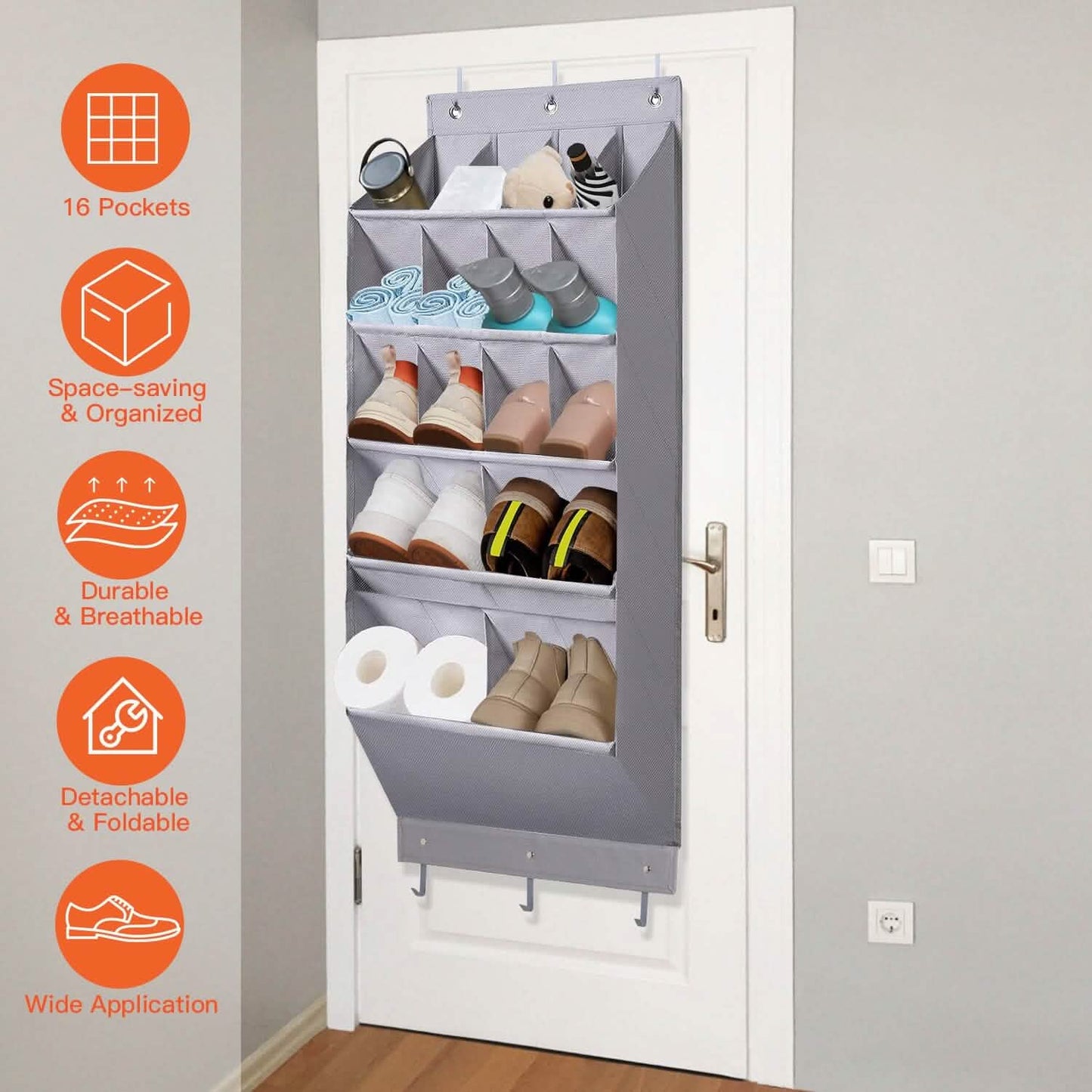16 Pockets Over The Door Shoe Organizer 5 Tier with 6 Hooks DailySale