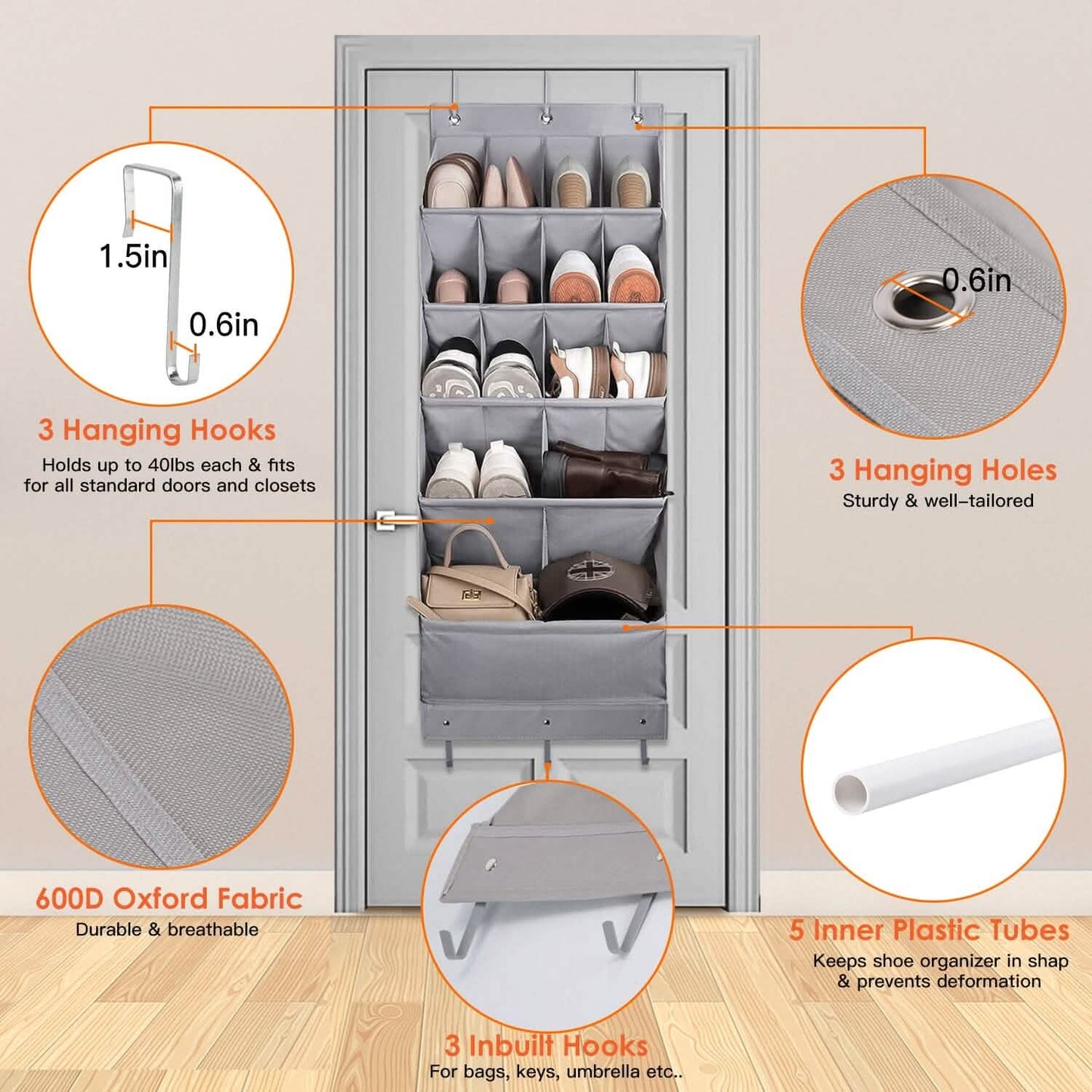 16 Pockets Over The Door Shoe Organizer 5 Tier with 6 Hooks DailySale