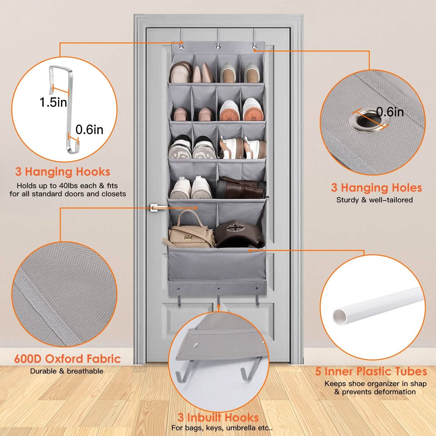 16 Pockets Over The Door Shoe Organizer 5 Tier with 6 Hooks DailySale