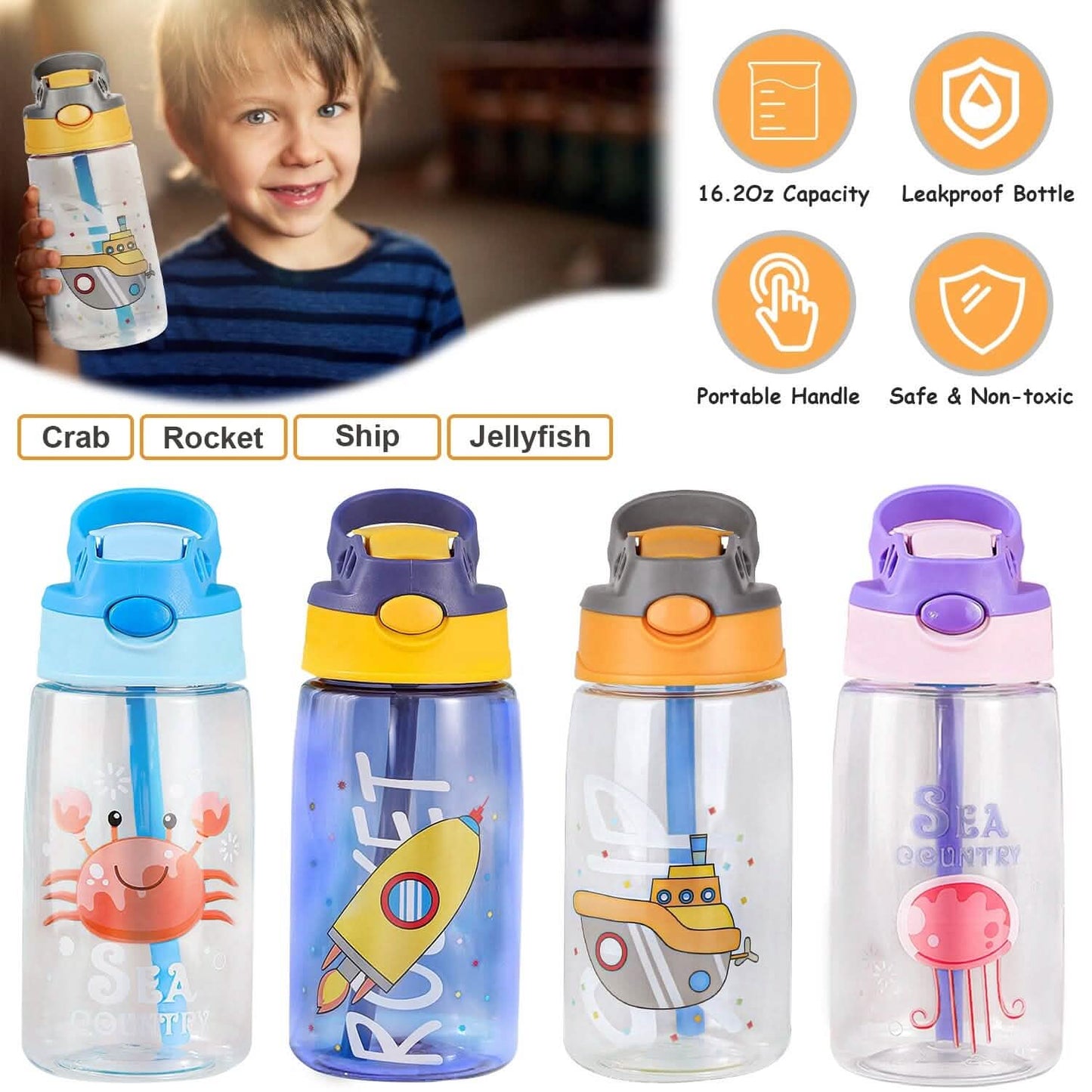16.2oz Leak-proof Kids Water Bottle with Straw Push Button DailySale