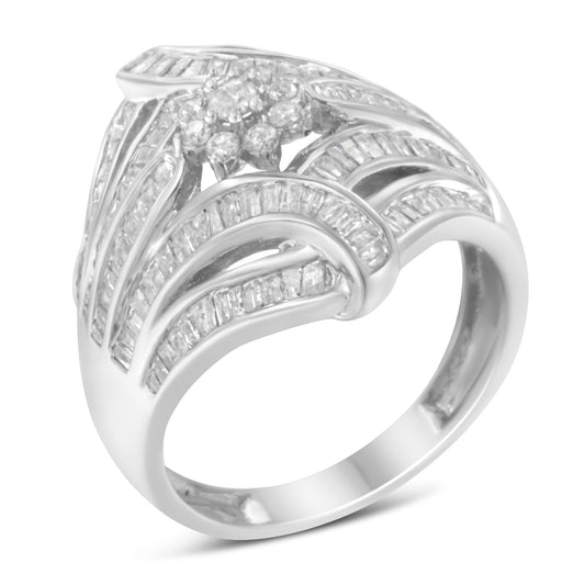 .925 Sterling Silver 1-1/8 Cttw Round & Baguette Diamond 'Flower & Fern' Cluster Cocktail Fashion Ring (I-J Color, I2-I3 Clarity) - Size 6 Bids.com