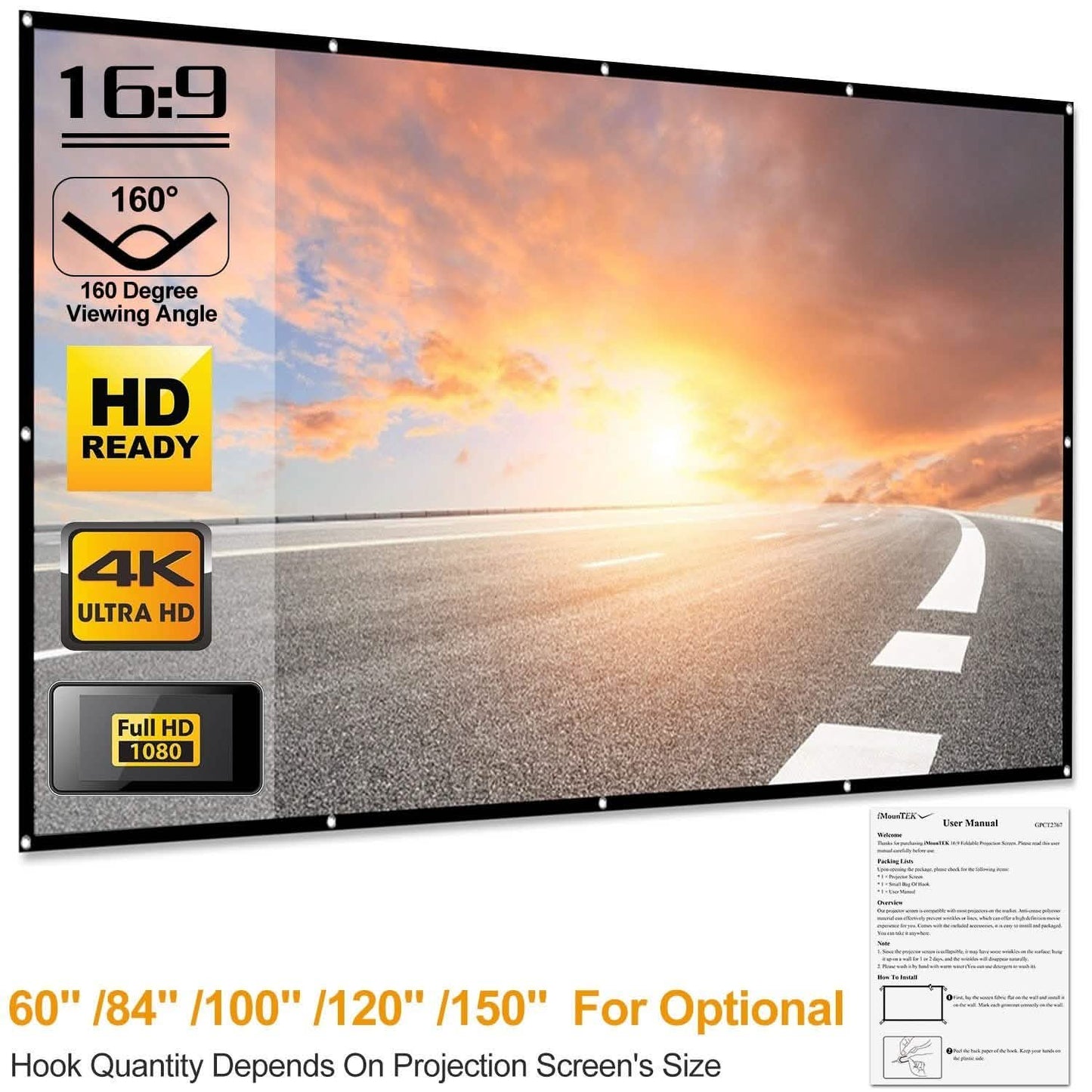 16:9 Foldable Projector Screen Anti-Crease Wall Mounted DailySale