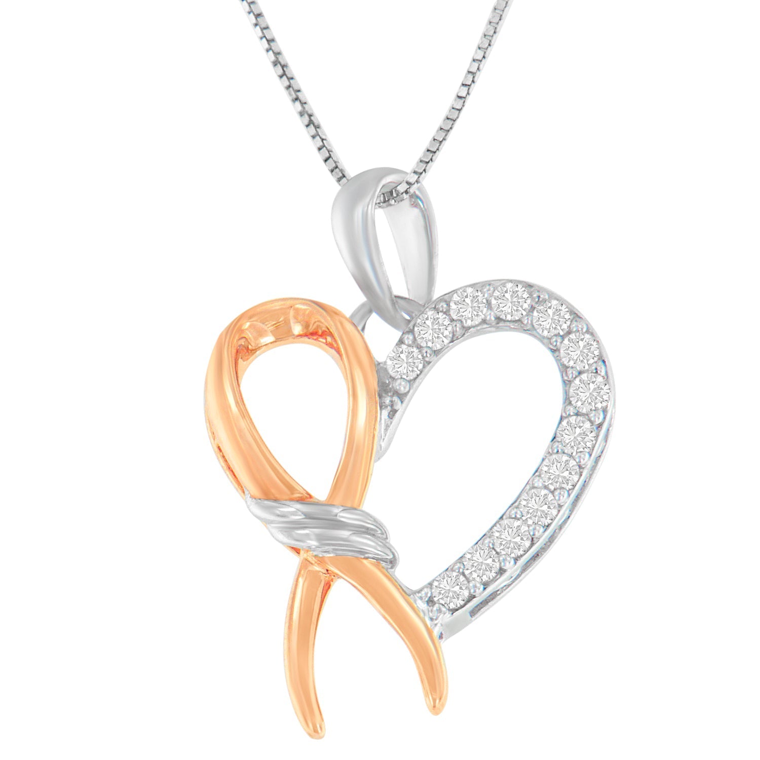 Two-Toned .925 Sterling Silver 1/5 cttw Round Cut Diamond Ribbon Heart Accent Pendant Necklace (H-I, I2-I3) Bids.com
