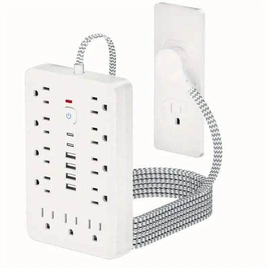 17-in-1 Surge Protector Power Cord 5Ft Braided Flat Extension Cable with 6 USB Chargers, 2 USB C, 11 AC Power Outlets DailySale