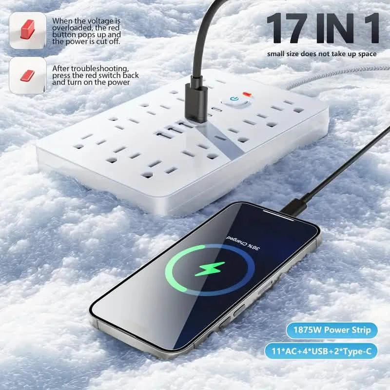 17-in-1 Surge Protector Power Cord 5Ft Braided Flat Extension Cable with 6 USB Chargers, 2 USB C, 11 AC Power Outlets DailySale