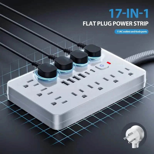 17-in-1 Surge Protector Power Cord 5Ft Braided Flat Extension Cable with 6 USB Chargers, 2 USB C, 11 AC Power Outlets DailySale