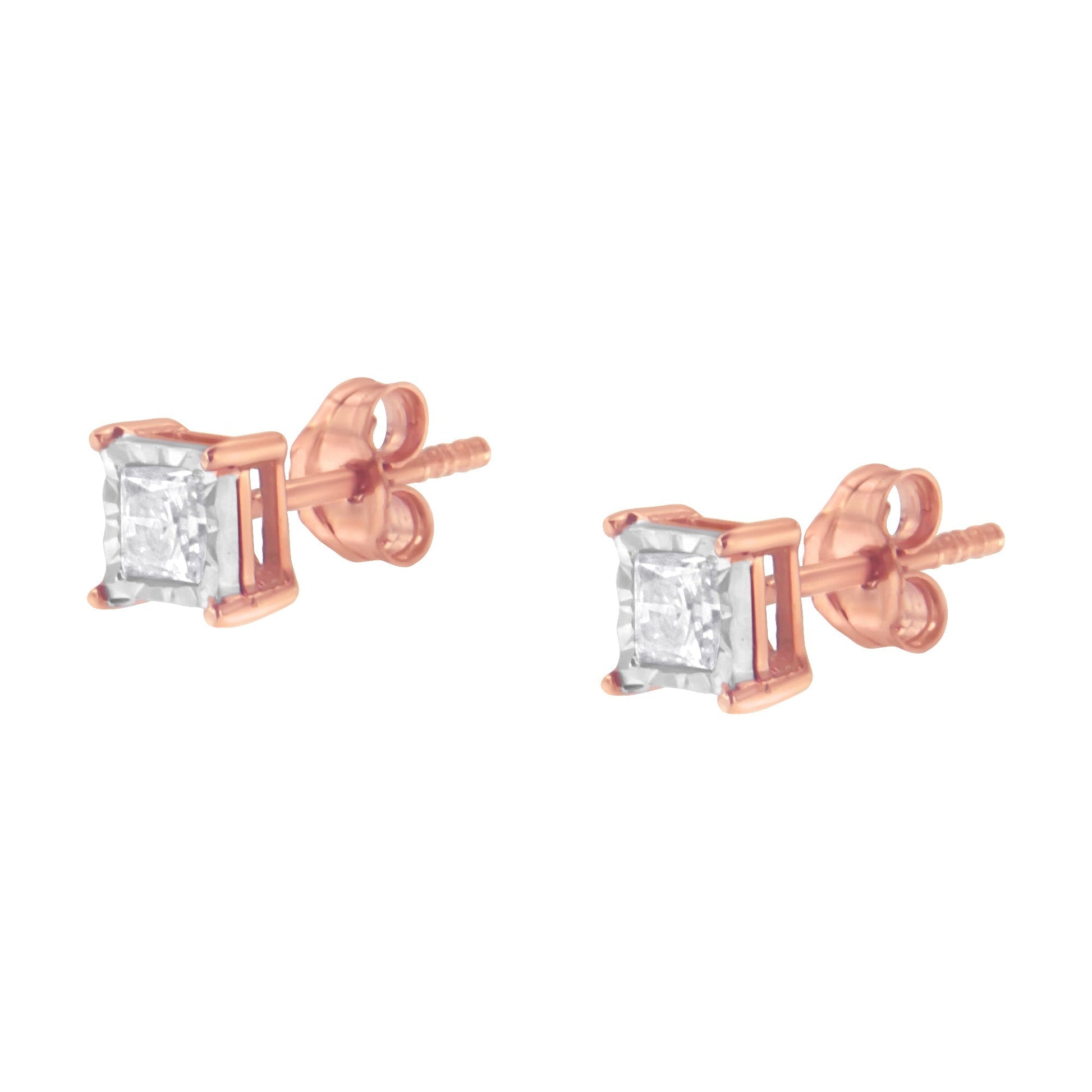 14K Rose Gold Plated Two-Tone .925 Sterling Silver 1/2 Cttw Princess-Cut Square Near Colorless Diamond Solitaire Miracle-Plate Stud Earrings (J-K Color, I2-I3 Clarity) Bids.com