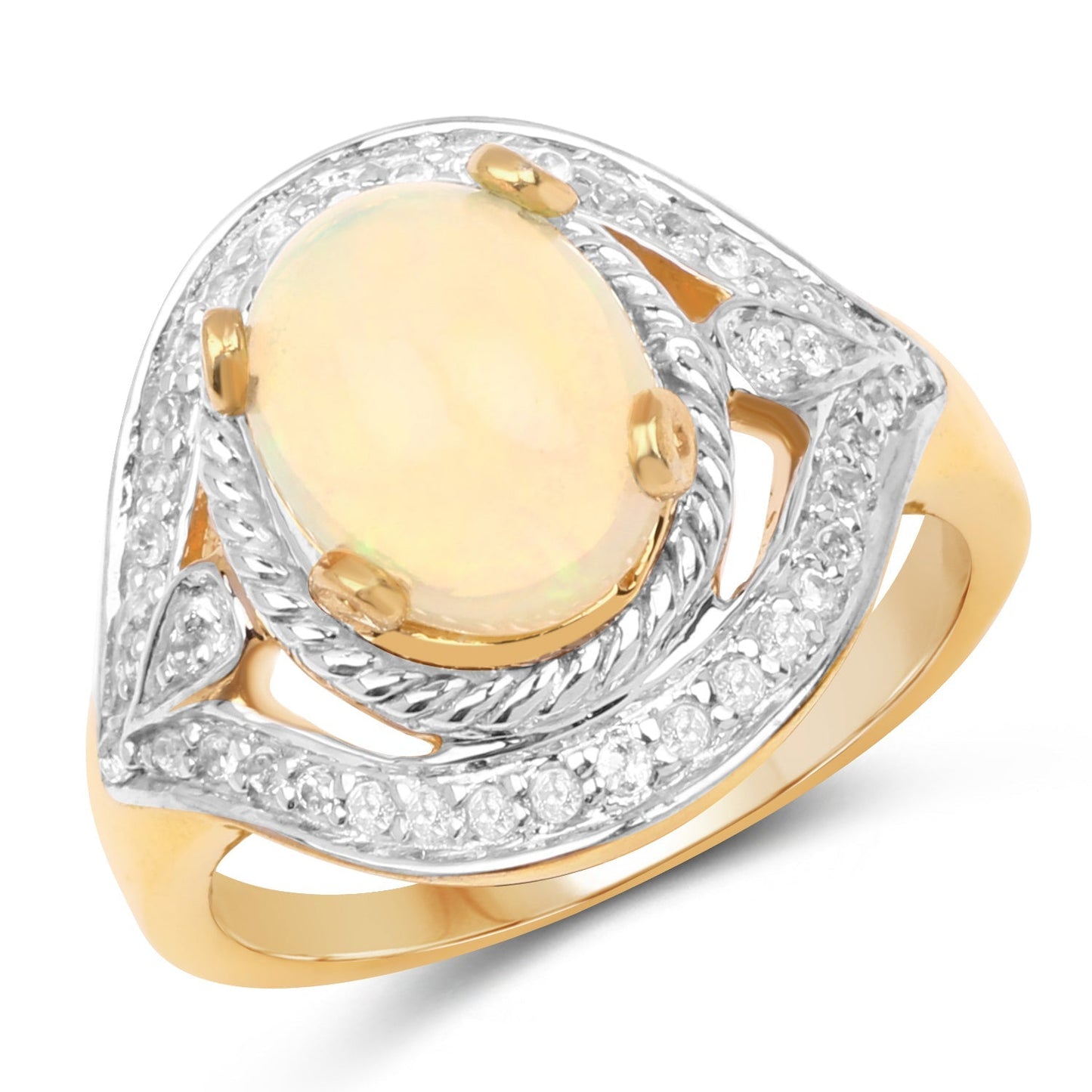 14K Yellow Gold Plated 1.88 Carat Genuine Ethiopian Opal and White Topaz .925 Sterling Silver Ring Bids.com