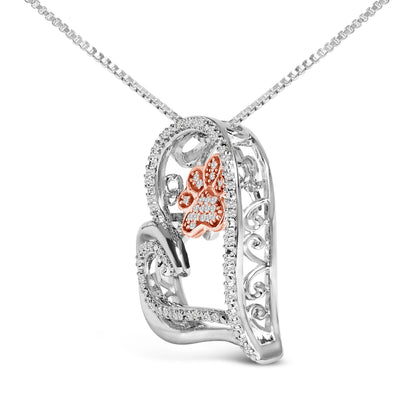 14K Rose Gold Plated Sterling Silver 1/10 Cttw Diamond Paw & Heart Pendant Necklace Bids.com