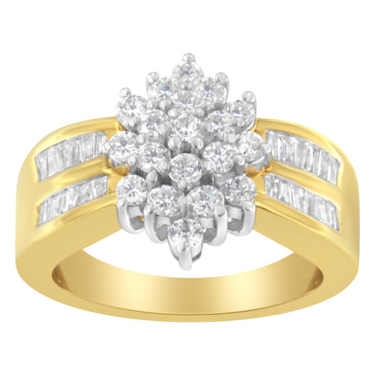 10K Yellow Gold 1.0 Cttw Round & Baguette Cut Diamond Floral Cluster Double-Channel Flared Band Statement Ring (H-I Color, SI2-I1 Clarity) - Size 6-1/2 Bids.com