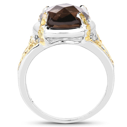 3.28 Carat Genuine Smoky Quartz and Yellow Diamond .925 Sterling Silver Ring Bids.com