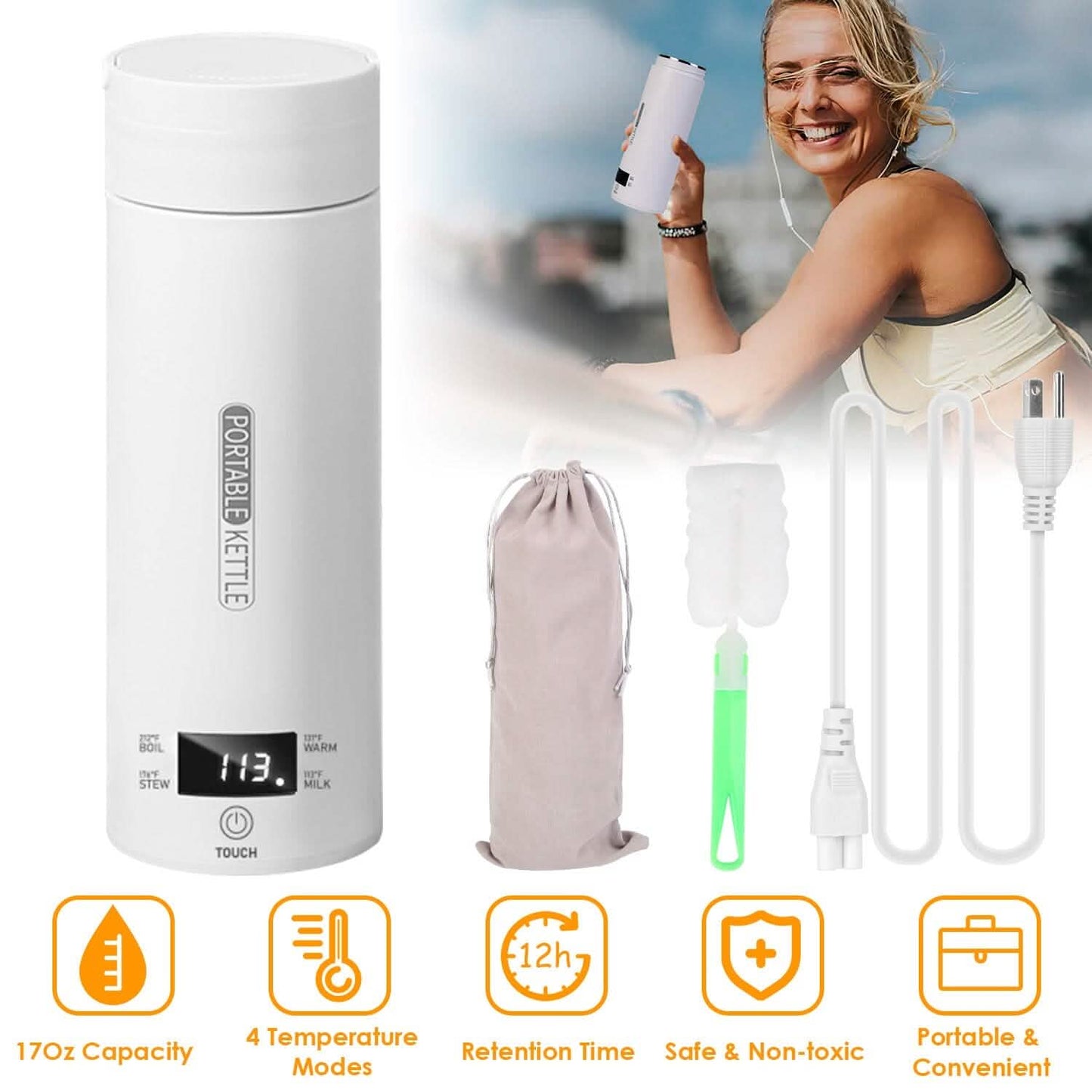 17Oz Stainless Steel Travel Electric Kettle with 4 Temperature Preset Modes DailySale