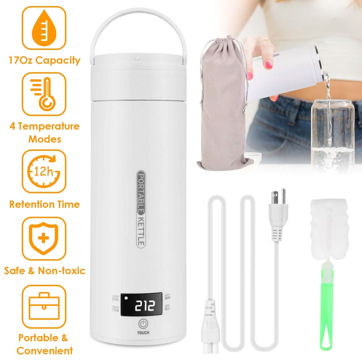 17Oz Stainless Steel Travel Electric Kettle with 4 Temperature Preset Modes DailySale