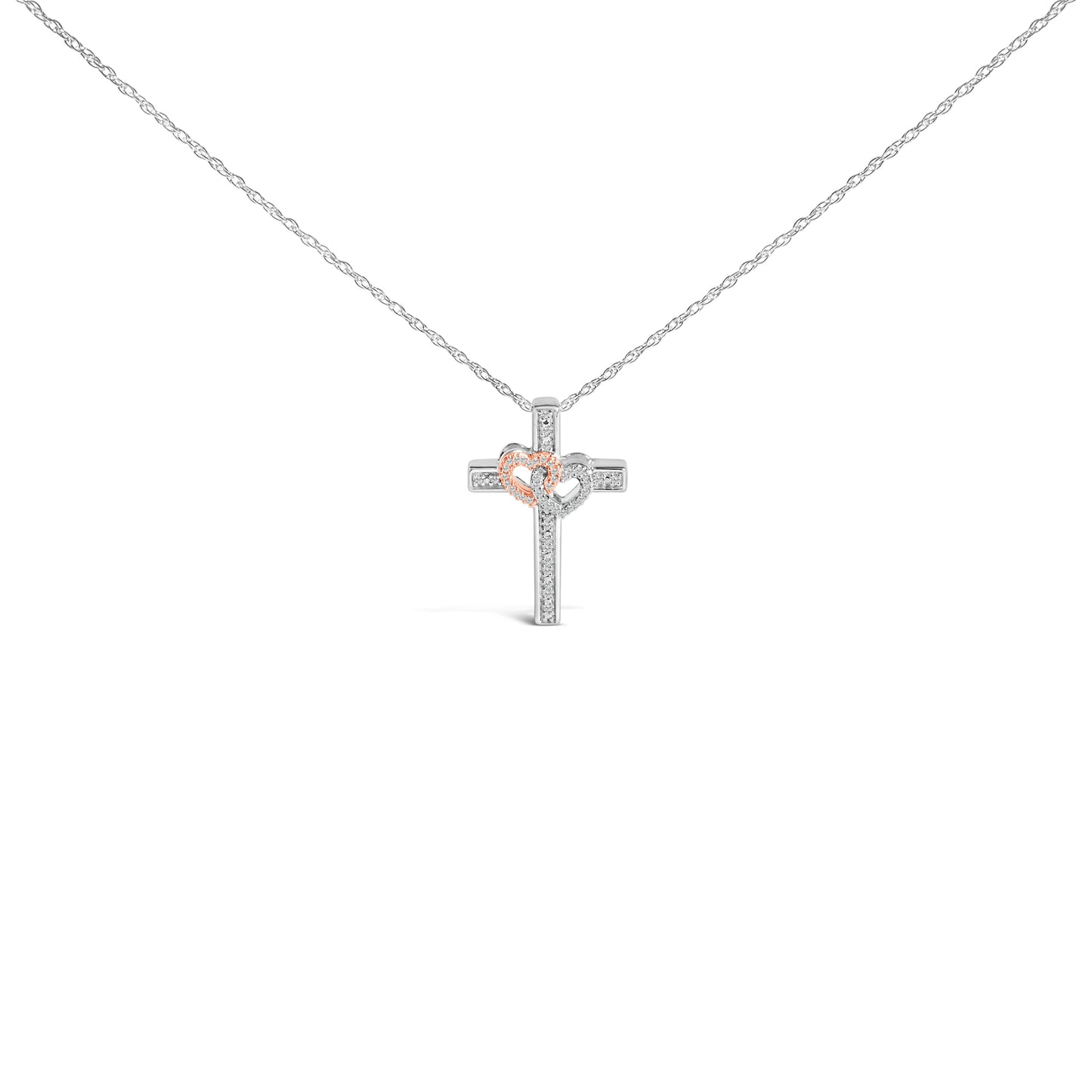 14K Rose Gold Plated Sterling Silver 1/10 Cttw Diamond Cross & Heart Pendant Necklace Bids.com