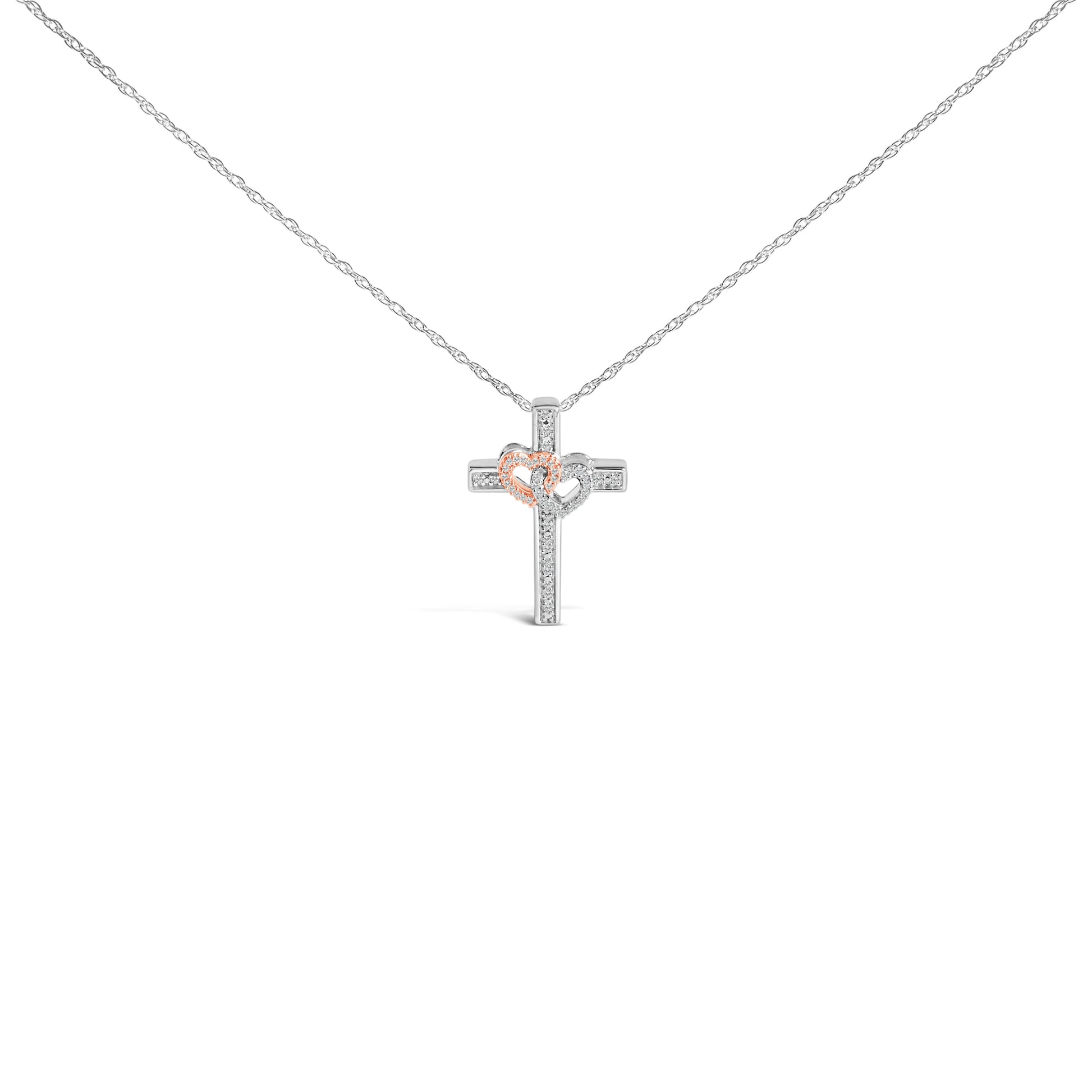 14K Rose Gold Plated Sterling Silver 1/10 Cttw Diamond Cross & Heart Pendant Necklace Bids.com