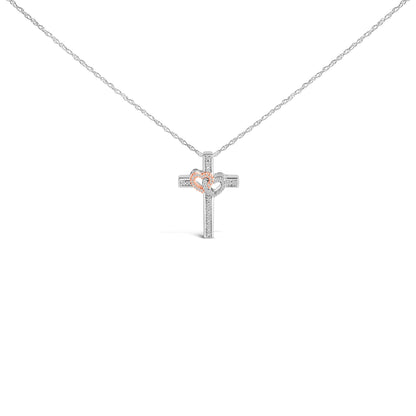 14K Rose Gold Plated Sterling Silver 1/10 Cttw Diamond Cross & Heart Pendant Necklace Bids.com