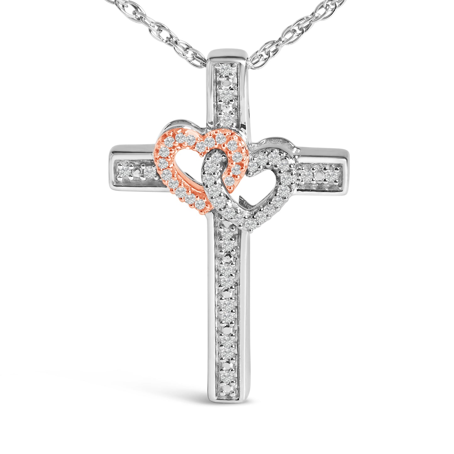 14K Rose Gold Plated Sterling Silver 1/10 Cttw Diamond Cross & Heart Pendant Necklace Bids.com