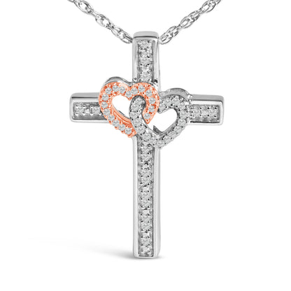 14K Rose Gold Plated Sterling Silver 1/10 Cttw Diamond Cross & Heart Pendant Necklace Bids.com