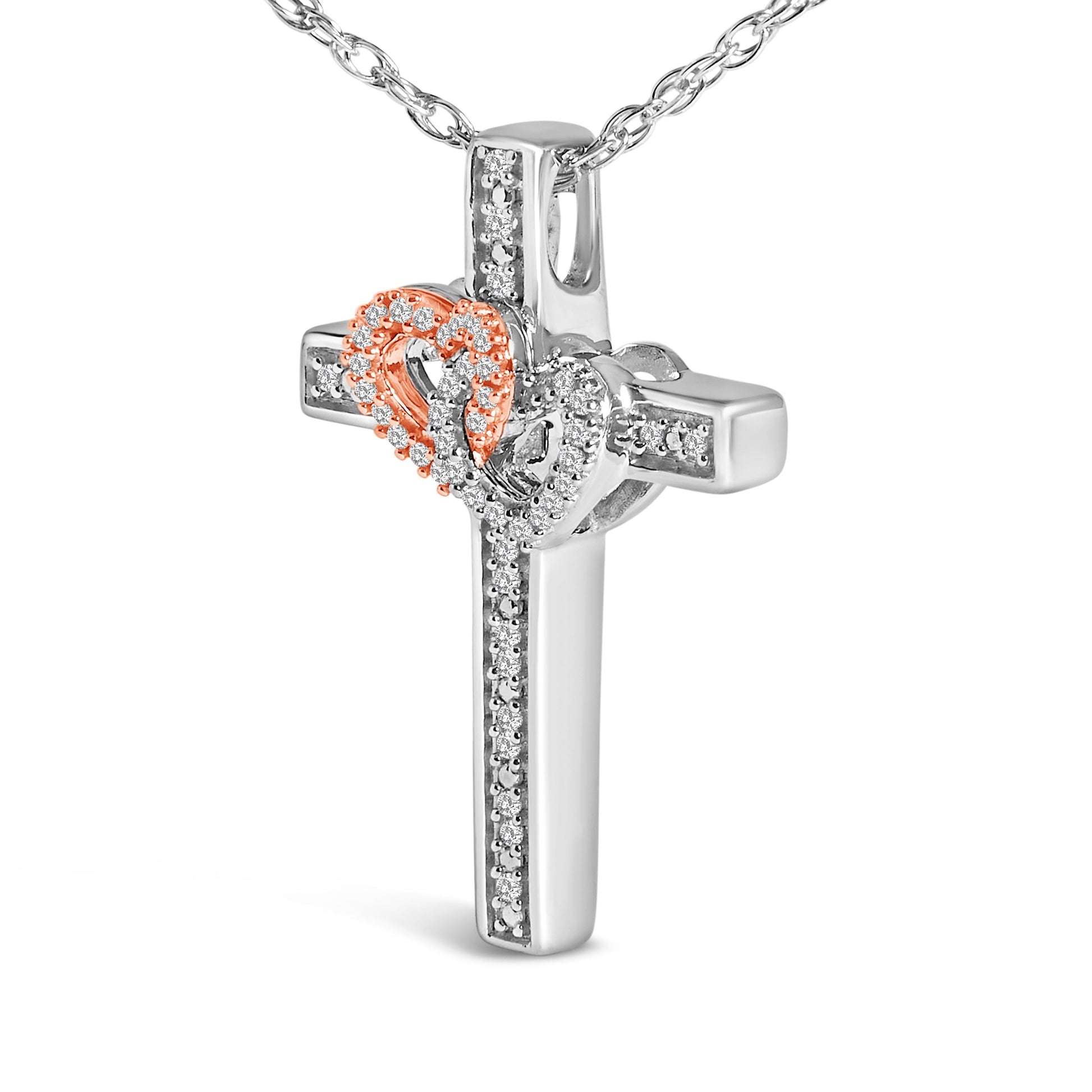 14K Rose Gold Plated Sterling Silver 1/10 Cttw Diamond Cross & Heart Pendant Necklace Bids.com