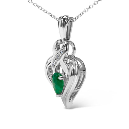 .925 Sterling Silver 6x4mm Pear Emerald and Diamond Accent Heart Pendant Necklace (H-I Color, SI1-SI2 Clarity) - 18 Inches Bids.com