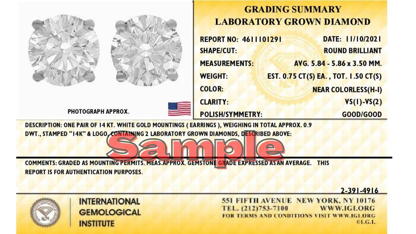 IGI Certified 14K White Gold 1 1/2 Cttw Lab Grown Diamond Solitaire Stud Earrings with Screwbacks (H-I Color, VS1-VS2 Clarity) Bids.com