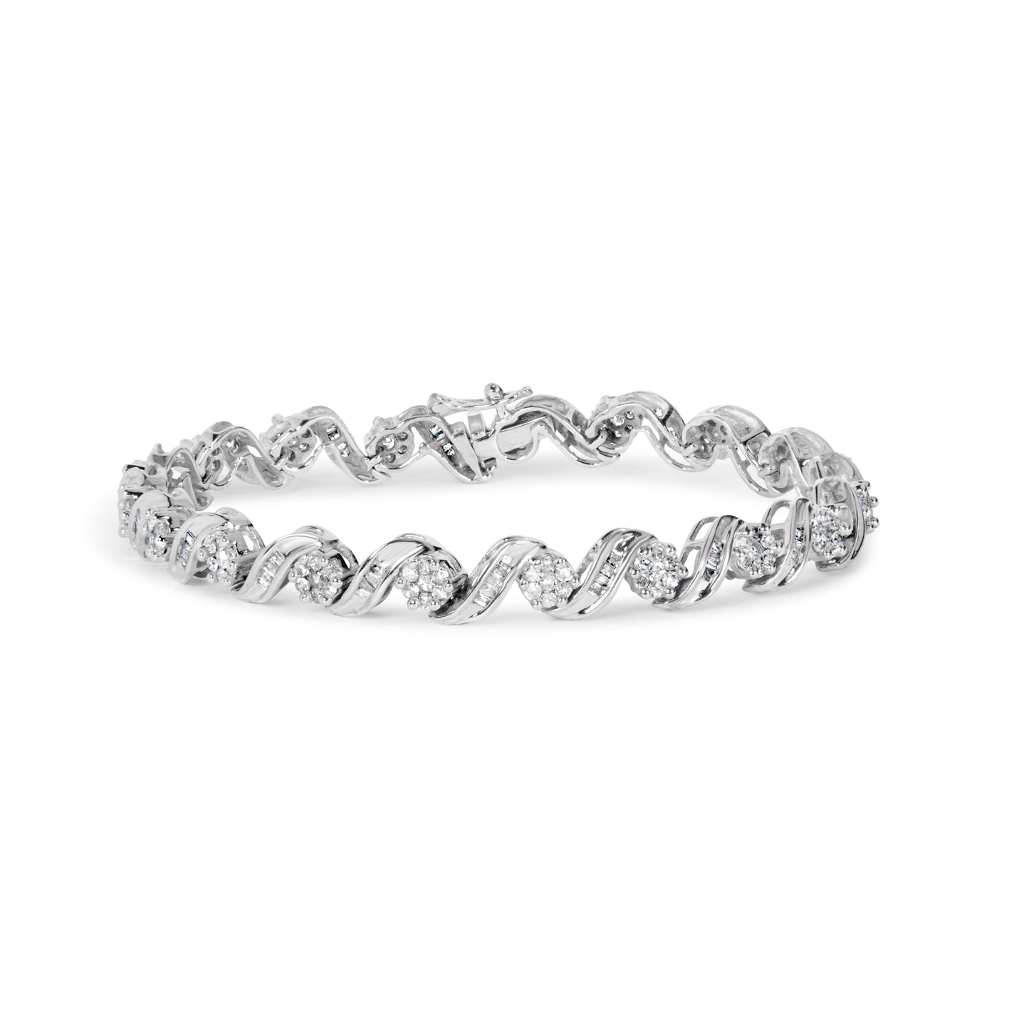 14K White Gold 2.00 Cttw Diamond Cluster and Spiral Link Bracelet (I-J Color, I1-I2 Clarity) - 7" Bids.com