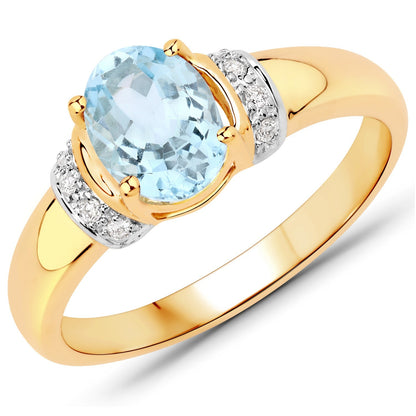 1.09 Carat Genuine Aquamarine and White Diamond 14K Yellow Gold Ring Bids.com
