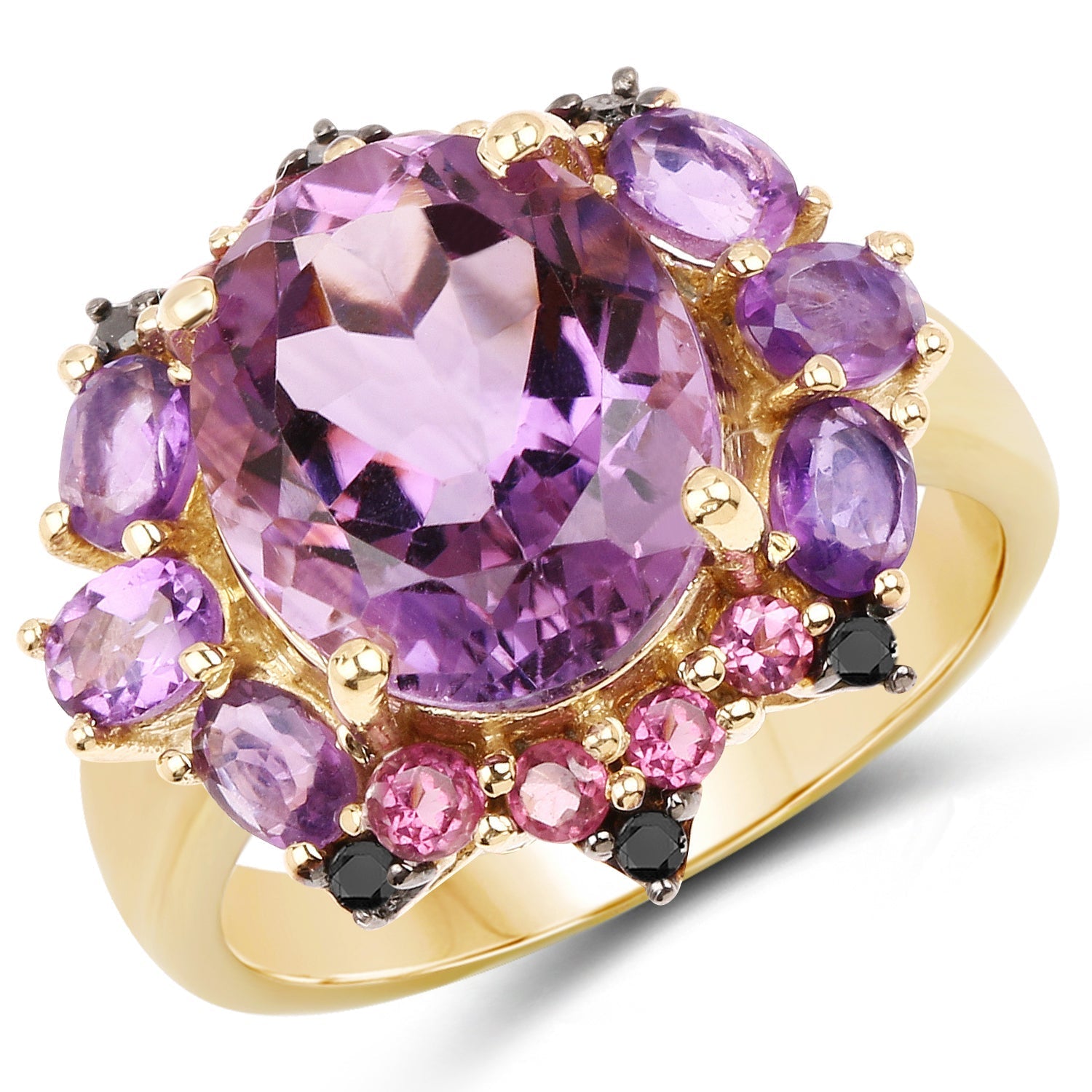 14K Yellow Gold Plated 5.25 Carat Genuine Amethyst, Rhodolite and Blue Diamond .925 Sterling Silver Ring Bids.com