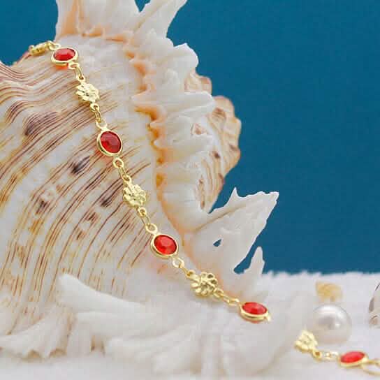 18k Gold Filled High Polish Finish Red Crystal Flower Ankle Bracelet DailySale