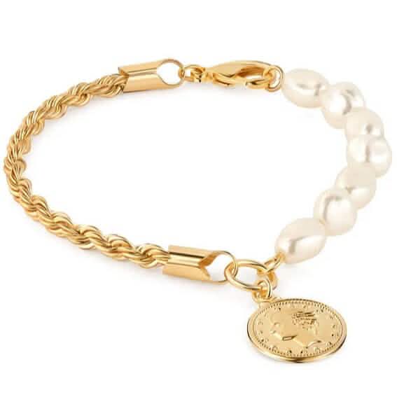18K Gold Rope and Pearl Bracelet with Coin Charm 8" DailySale