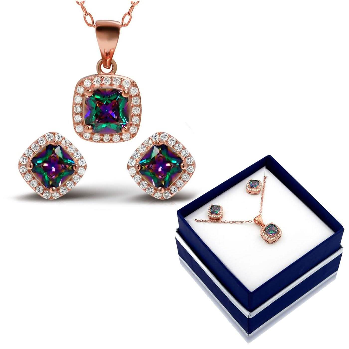 18K Rose Gold Over Sterling Silver Rainbow Topaz Halo Necklace and Earrings DailySale