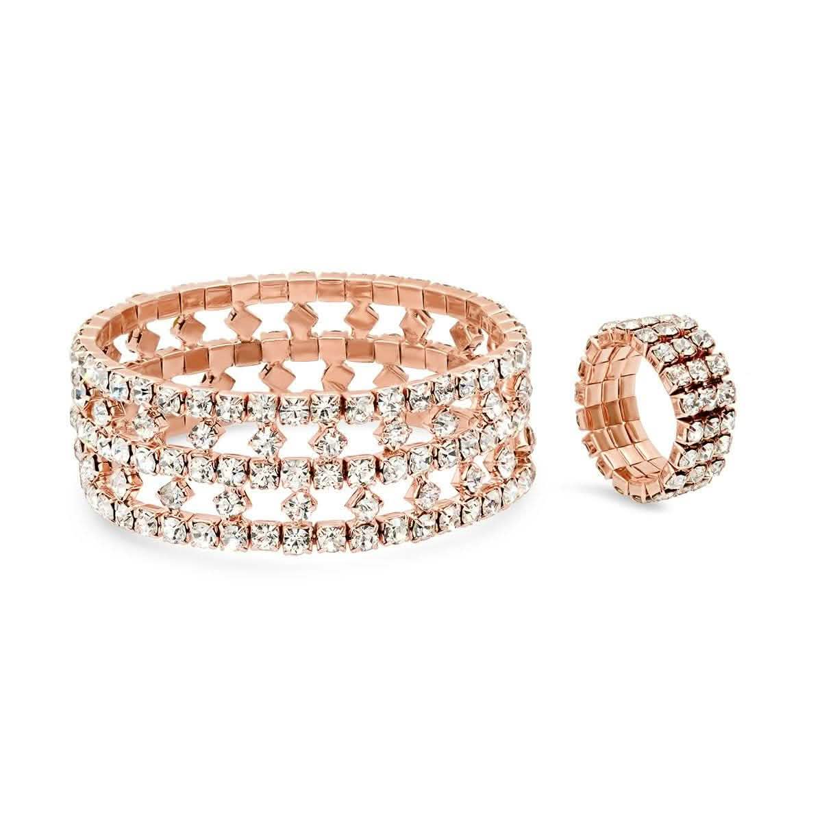 18k Rose Gold Plated Alloy Stretch Double Layered Bracelet and Ring Set DailySale