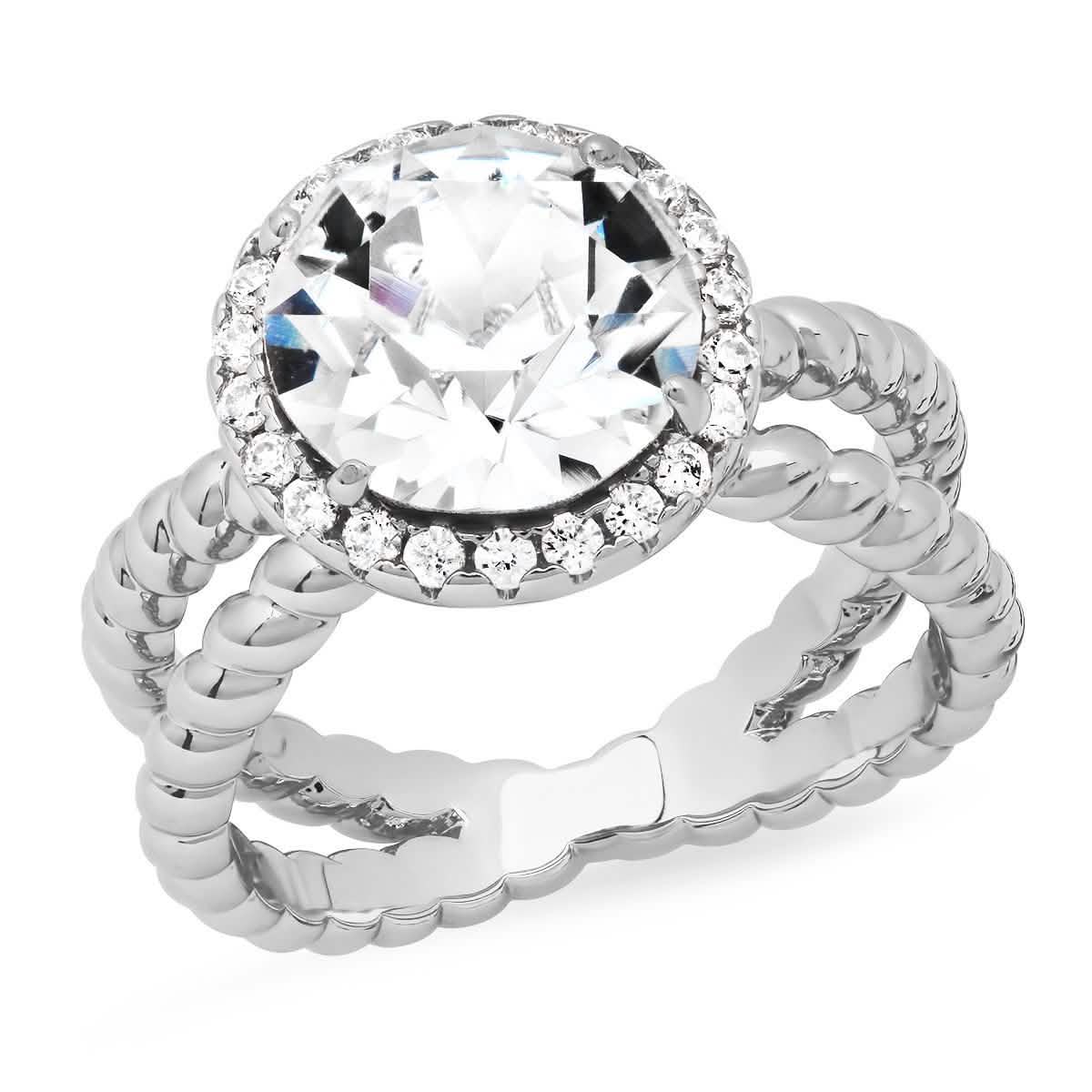 18K White Gold Plated Brass Split Shank Rope Engagement Ring Adorned with Swarovski Crystals DailySale