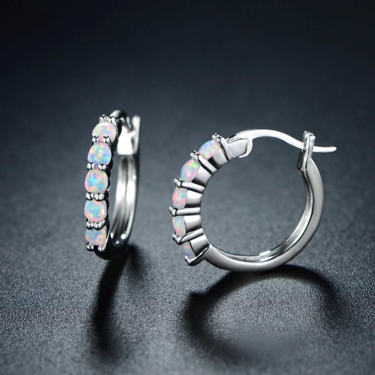 18K White Gold Plated Created Round Opal Hoop Earrings DailySale