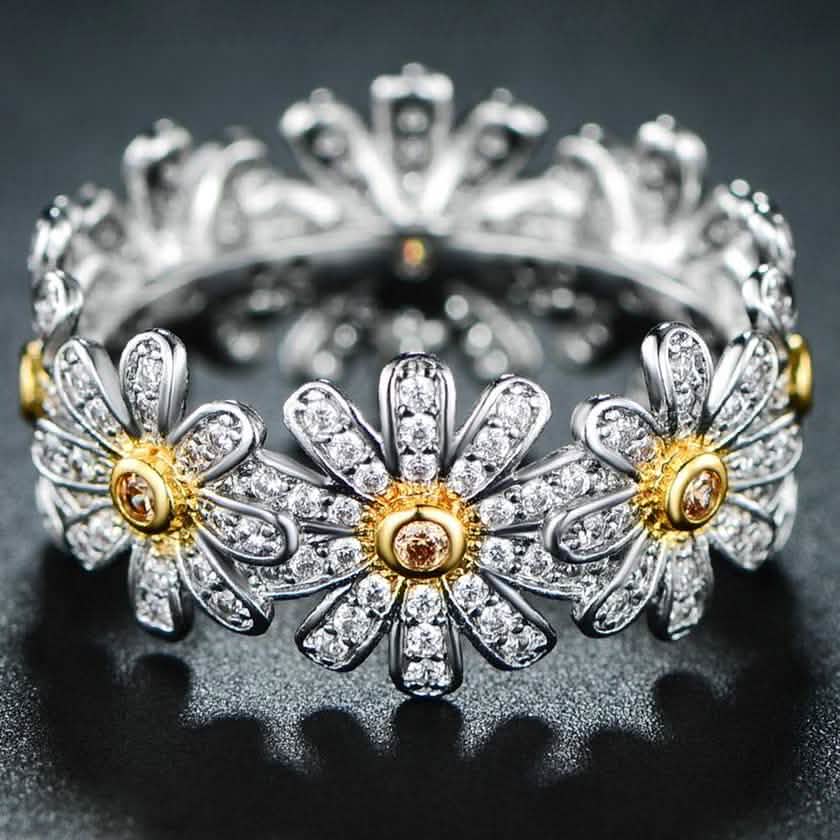 18K White Gold Plated Floral Sunflower Ring with Swarovski Crystals DailySale