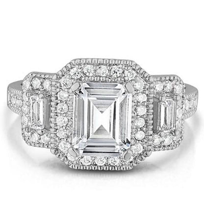 18k White Gold Tri Stone Emerald Cut Cubic Zirconia Ring DailySale