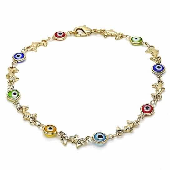 18k Women's Gold Filled High Polish Finish Dolphin Multi-color Evil Eye Lobster Clasp Ankle Bracelet 10'' Inch DailySale