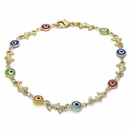 18k Women's Gold Filled High Polish Finish Dolphin Multi-color Evil Eye Lobster Clasp Ankle Bracelet 10'' Inch DailySale