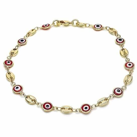 18k Women's Gold Filled High Polish Finish Mariner Marina- Red Evil Eye Lobster Clasp Ankle Bracelet 10'' Inch DailySale